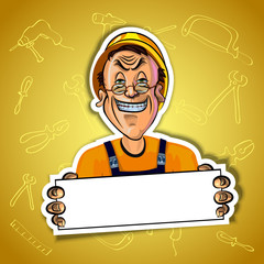 Vector image of smiling workman with a helmet and blank poster