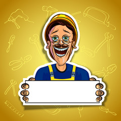 Vector image of cheerful workman with blank poster