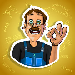 Vector image of cheerful workman showing OK sign