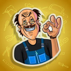 Vector image of smiling workman showing OK sign