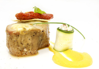 Roast beef with gravy in a restaurant on a white background