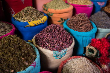 Dried herbs for sale in the souks of Marrakesh
