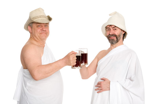 Joyful men drink kvas - bread drink. From a series of Russian bath.