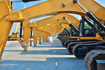 Caterpillars, Yellow heavy construction work vehicles, parking 