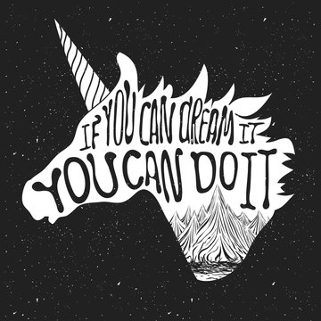 Typography poster with unicorn head silhouette, mountains and lettering quote