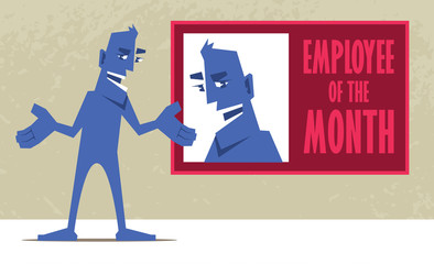 Happy man pointing at his portrait with inscription "Employee of the month". Success 
concept illustration.