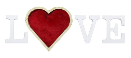 love text with red heart shape isolated on white background