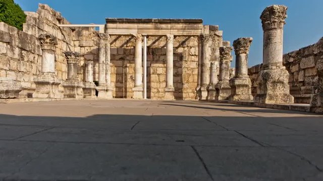 Dolly time-lapse of the old synagogue in Capernuam, Israel