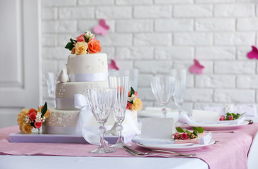 Beautiful served table for wedding or other celebration in restaurant
