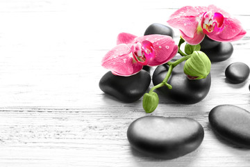 Beautiful composition of orchid and pebbles on white wooden background, copy space