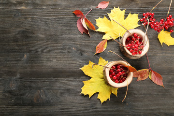Composition of guelder-rose and autumn leaves on wooden background