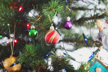 Christmas tree and christmas decorations close up photo.