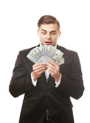 Man holding money isolated on white