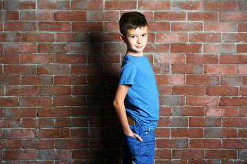 Cute little boy on brick wall background. Kids fashion concept