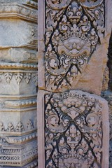Carved friezes on the Banteay Srei (srey) temple near Angkor, Cambodia
