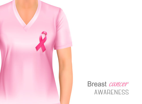 Pink breast cancer awareness shirt and ribbon. Vector.