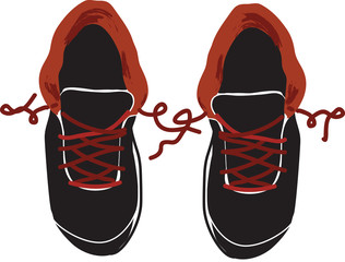 Pair of athletic sneakers, top view, line art, untied