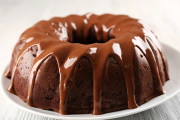 Round cake on plate closeup