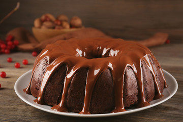 Chocolate cake on a wooden table