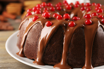 Chocolate cake with snowball tree berries on a table
