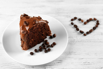 Piece of chocolate cake on a table