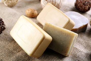 Soap set on a cloth background, close up