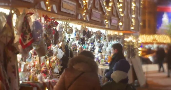 People are Looking at Kiosks Showcases Choosing the Gifts Walking at Christmas Fair People Are at Sofia Square New Year's Celebration Kiev Ukraine