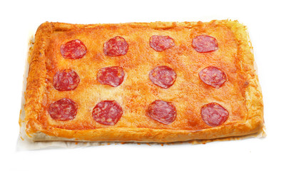 Rectangle salami pizza, isolated on white