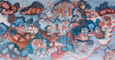 PHATTHALUNG, THAILAND -  AUGUST 22, 2015: Traditional Thai mural