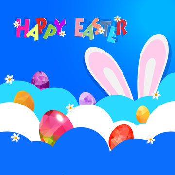 Easter background with decorated Easter eggs hide on cloud and b