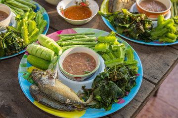 Shrimp Paste Chili Sauce serve with Fried Mackerel and vegetable