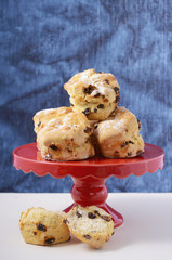 Fruit Scones on Red Cake Stand.