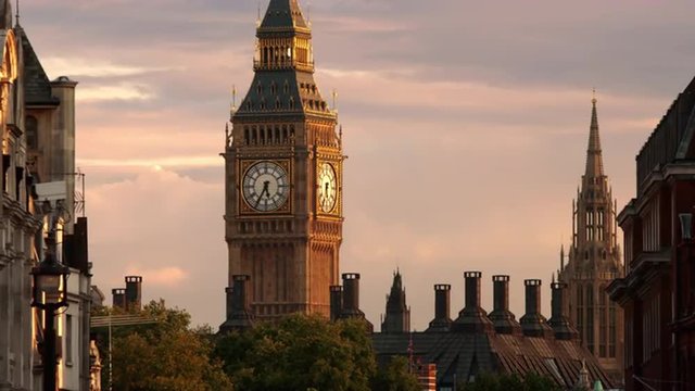 The top of Big Ben seen at sundown.