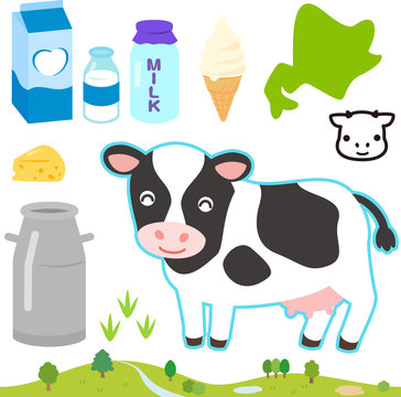 牛乳と牛、乳製品のセット