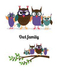 Owl family. Owl mother, father and children on the branch. Vector illustration