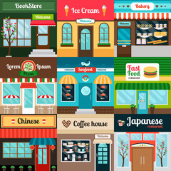 Restaurants with different kind of food facade. Coffee house, bakery, fast food and book stores. Vector illustration