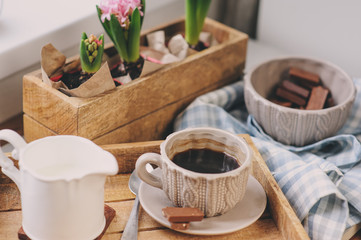 cozy winter or spring morning at home. Coffee, milk and chocolate on wooden tray. Hyacinth flowers...