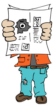 Cartoon spionage kijken door een gat in een krant