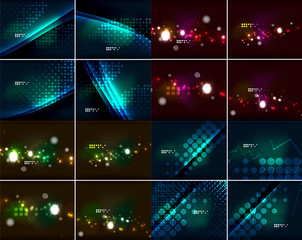 Set of glowing lines in dark space with sparkling, lens flares and glittering