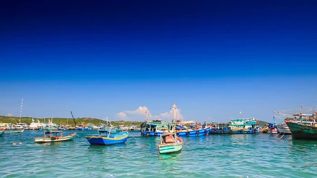 Distant View of Vietnamese Fishing Boats in Bay against Sky