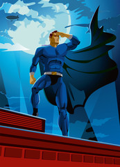 superhero on the roof looks into the distance