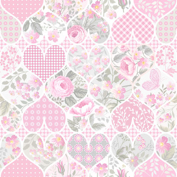 seamless patchwork pattern with hearts in pastel colors
