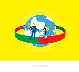 Teams / Two business people make a business deal, a businessman holding a gold key exchanges money with a business woman.