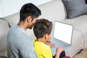 Father and son using laptop on the sofa