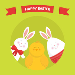 Cute Easter bunny, chicken and egg vector 