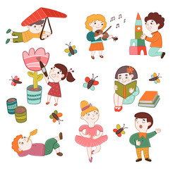 Коллекция изображений детей разных профессий, творческих занятий. Детство, развитие, образование.