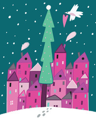 Новый год. Стилизованный город зимой, на площади стоит новогодняя елка.