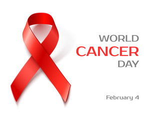 Awareness World Cancer Day background with red ribbon, vector illustration