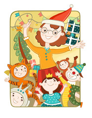 Дети и воспитательница в карнавальных костюмах отмечают Рождество и Новый год.