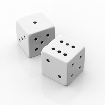 Two white dices  one and six, isolated on white background